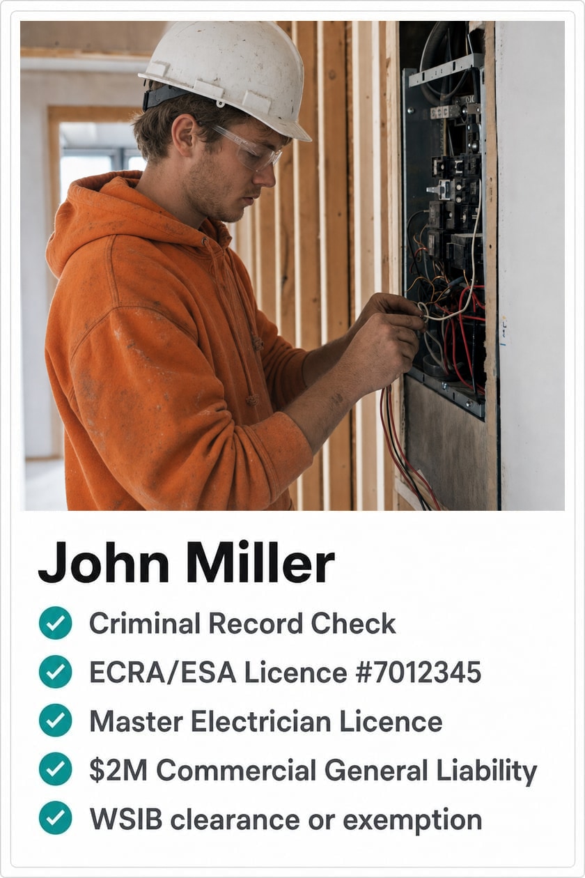 Example contractor profile showing verified credentials